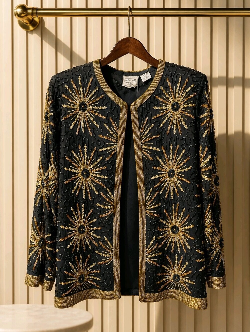 Vintage Stunning Embellished Black & Gold Beaded Jacket Sz XL